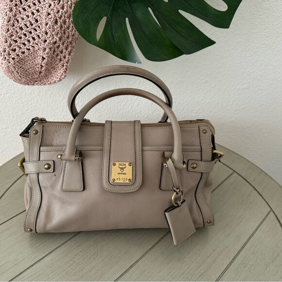 MCM Taupe Leather Satchel Purse, Gold Hardware, Medium Handbag, 12x6, Tote - Picture 1 of 10